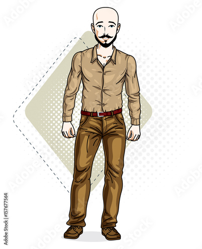 Handsome hairless young man poses on modern background. Vector illustration of male with beard and mustaches. Lifestyle theme clipart.