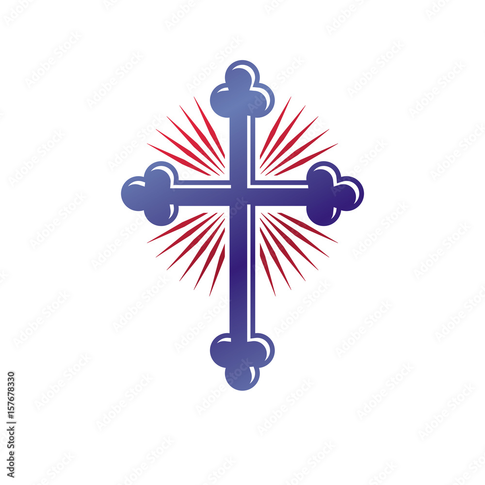 Cross of Christianity graphic emblem. Heraldic vector design element. Retro style label, heraldry logo, religious insignia. Cross of Christianity graphic emblem. Heraldic vector design element. Retro style label, heraldry logo, religious insignia.