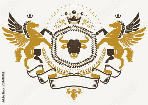 Heraldic sign created with vector elements like mythic Pegasus, wild bison and monarch crown, heraldry emblem.
