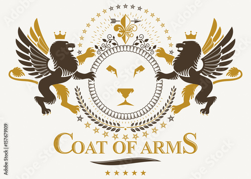 Luxury heraldic vector emblem template decorated with lily flower. Vector blazon created with mythic griffon, royal crown and stars.
