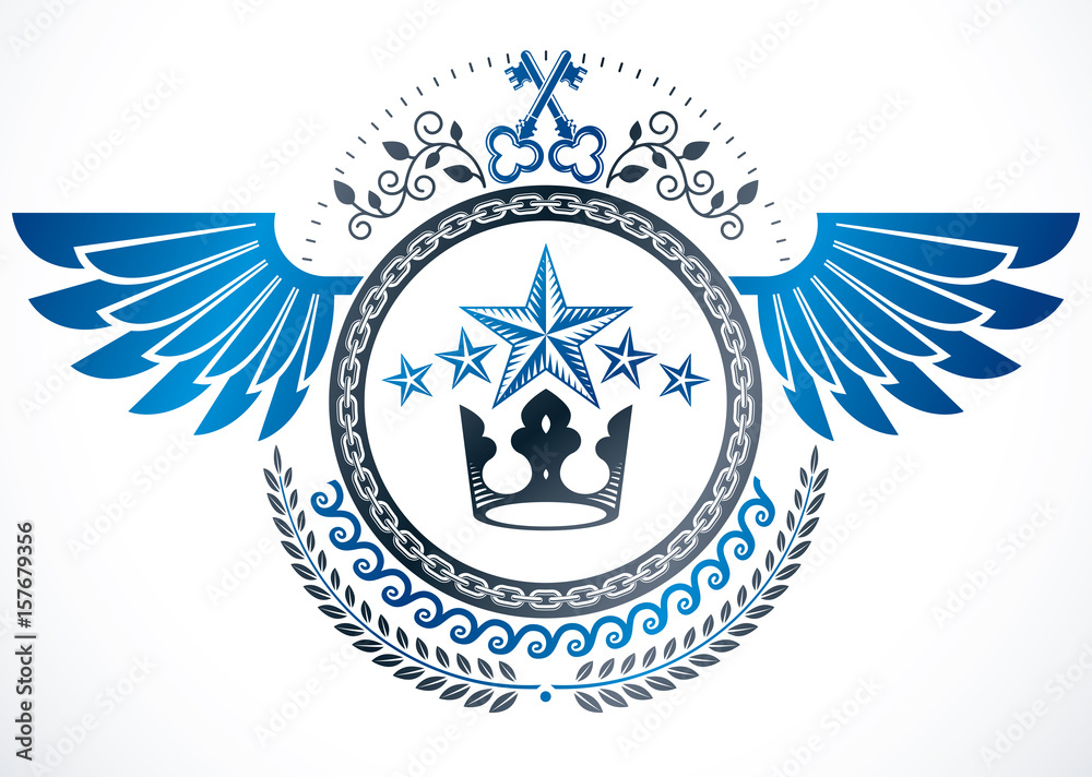 Winged classy emblem, vector heraldic Coat of Arms created using security keys, royal crown and stars Winged classy emblem, vector heraldic Coat of Arms created using security keys, royal crown and stars