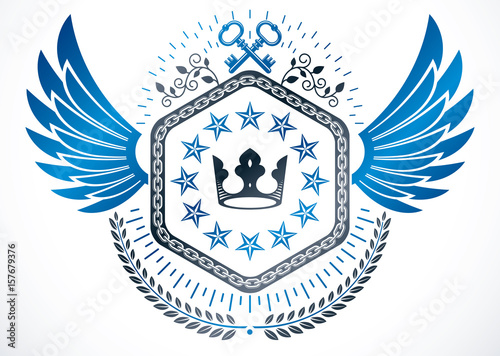 Winged classy emblem, vector heraldic Coat of Arms created using security keys, royal crown and stars
