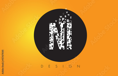 NI N I Logo Made of Small Letters with Black Circle and Yellow Background.