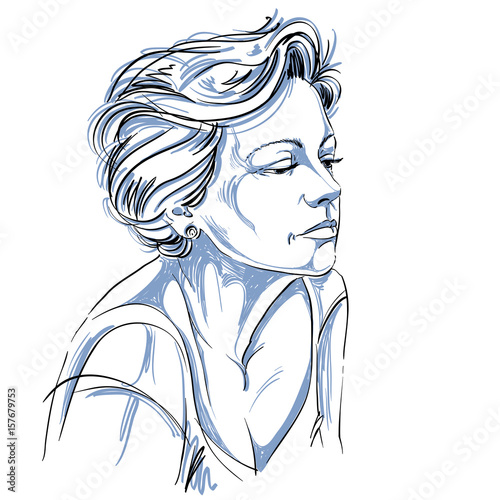 Hand-drawn portrait of white-skin sad woman, face emotions theme illustration. Beautiful sorrowful lady posing on white background.