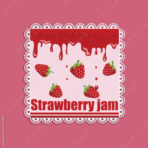 Strawberry jam . Label. Berries of strawberry, current jam and drops. Decorative comp osition with a lace and text, for packing of products from a strawberry, market of farmers photo