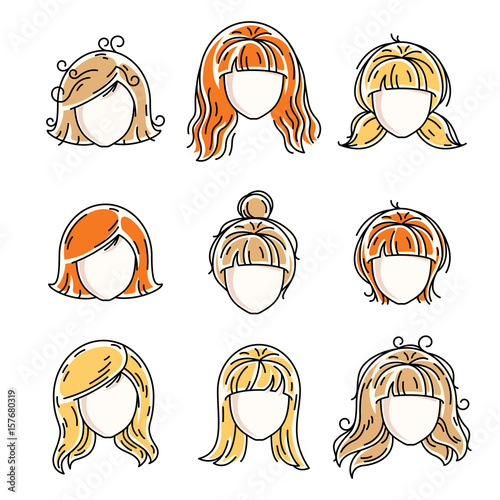 Collection of women faces, human heads. Diverse vector characters like red-haired and blonde females, beautiful ladies visage clipart and user profile.