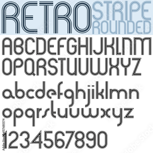 Poster rounded black font and numbers on white background  retro striped letters.