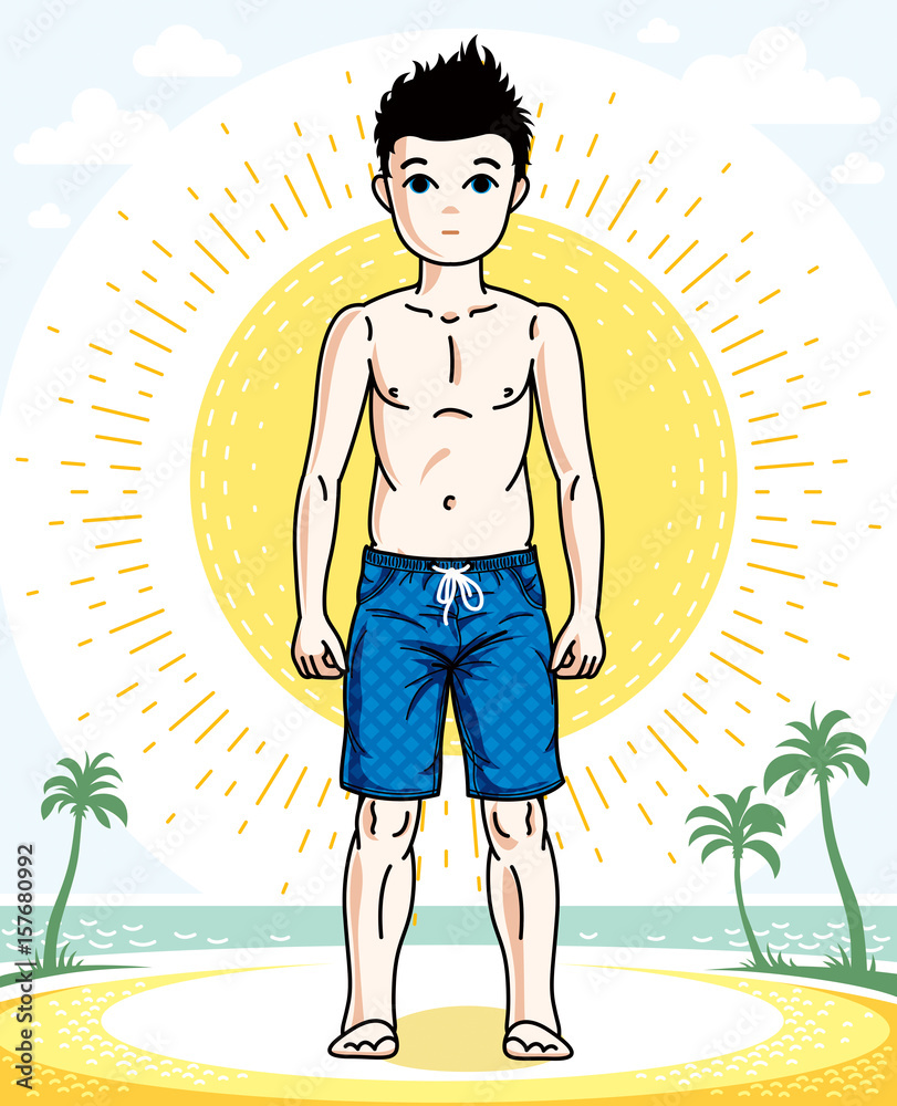 Young teen boy cute nice standing in colorful stylish beach shorts. Vector pretty nice human illustration. Childhood lifestyle cartoon.