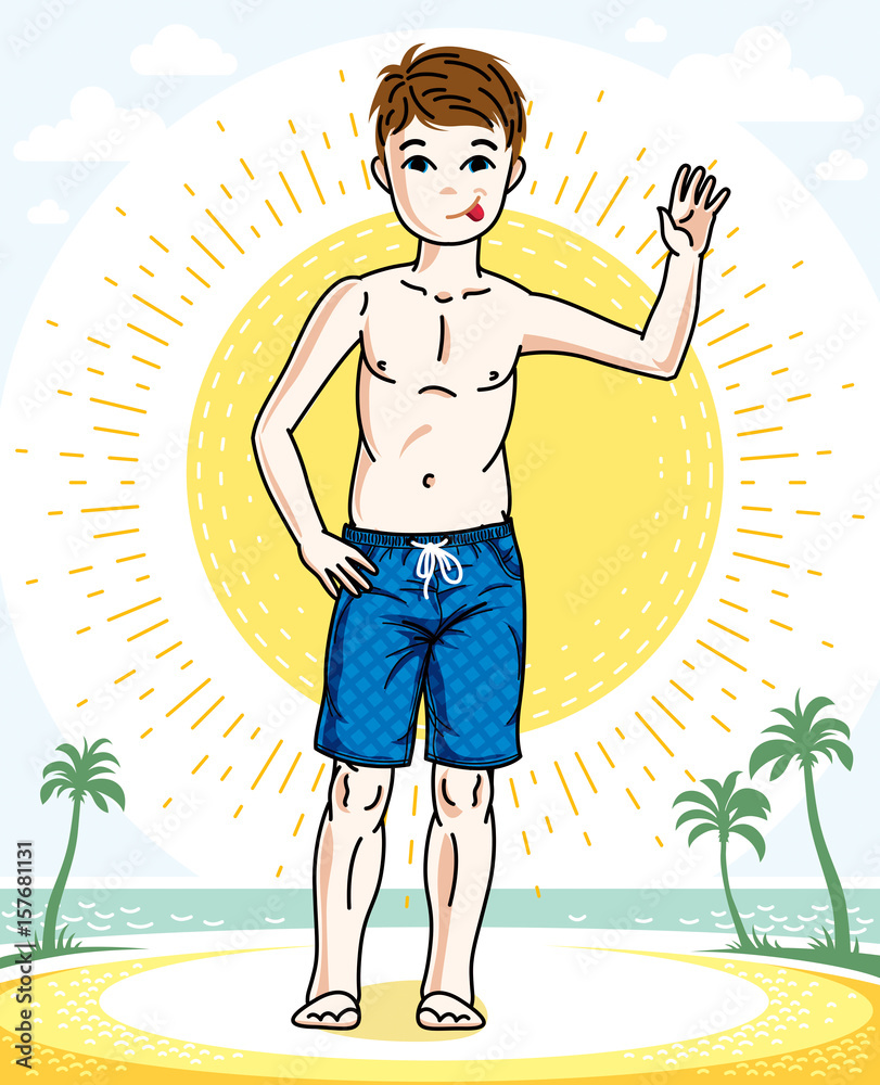 Young teen boy cute nice standing wearing fashionable beach shorts. Vector human illustration. Childhood lifestyle cartoon.