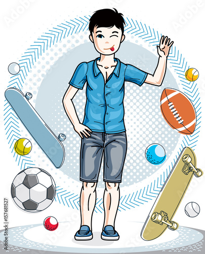 Teen cute little boy standing wearing fashionable casual clothes. Vector attractive kid illustration. Fashion theme clipart.