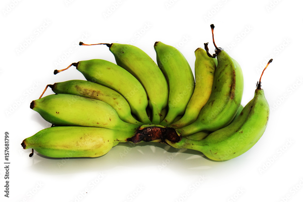 Raw green cultivated banana on white background
