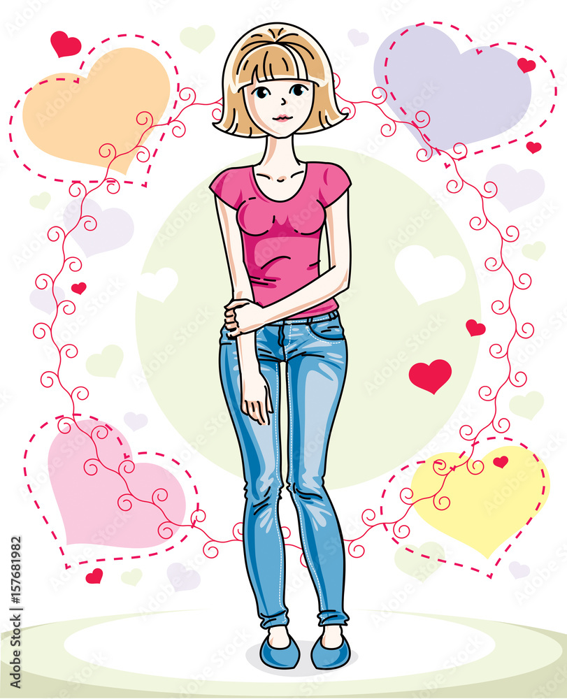 Attractive young blonde woman adult standing on colorful backdrop with Valentine romantic hearts in casual clothes. Vector human illustration.