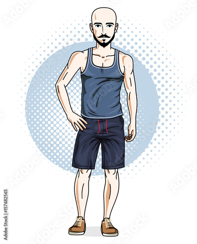 Confident athletic handsome hairless young man standing. Vector illustration of male wearing casual clothes, shorts and singlet.