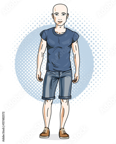 Handsome hairless young man poses on modern background. Vector illustration of male. Lifestyle theme clipart.