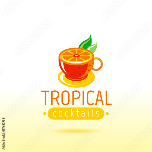 Fresh fruit drink bar logo vector icon. Flat juice elegant symbol. Modern cocktail sign. Isolated on white. Banner placard template. Summer food drink concept. Tropical orange citrus smoothie emblem