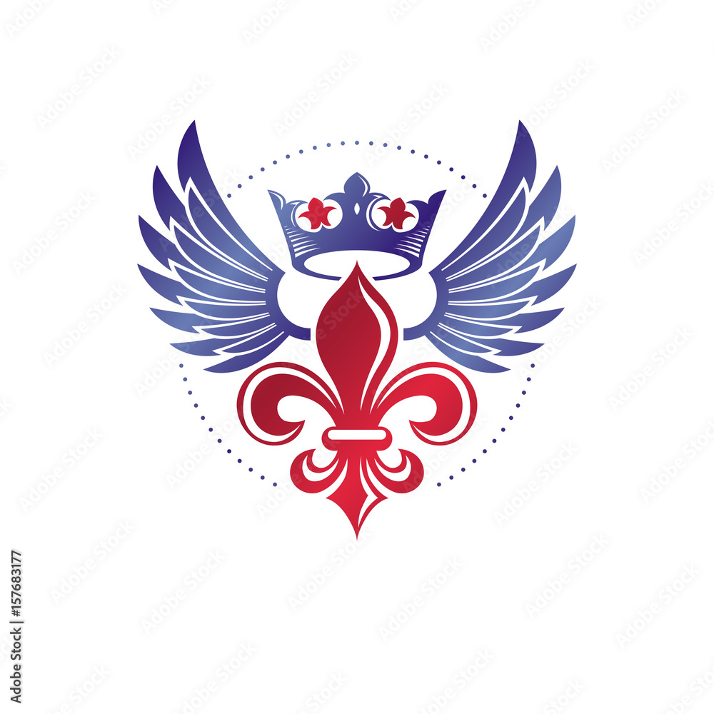 Obraz premium Royal symbol Lily Flower graphic emblem composed with king crown. Heraldic vector design element. Retro style label, heraldry logo.