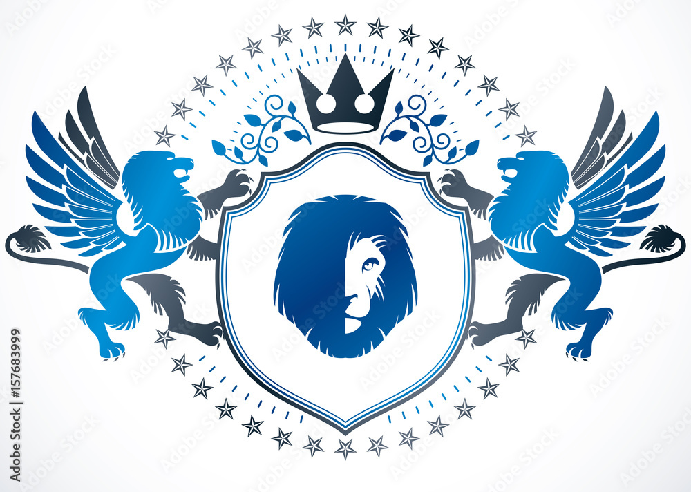 Obraz premium Classy emblem, vector heraldic Coat of Arms composed with mythic griffon, royal crown and lion head illustration, heraldic vector.