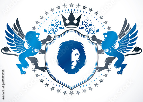 Classy emblem, vector heraldic Coat of Arms composed with mythic griffon, royal crown and lion head illustration, heraldic vector.