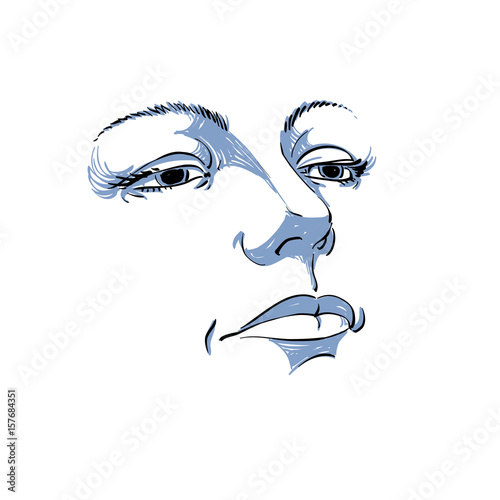 Black and white illustration of lady face, delicate visage features. Eyes and lips of a sorrowful woman, emotional expression.
