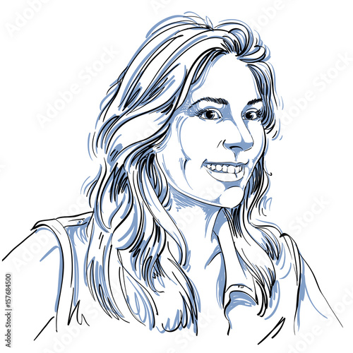 Vector drawing of smiling woman with stylish haircut. Black and white portrait of attractive happy lady.