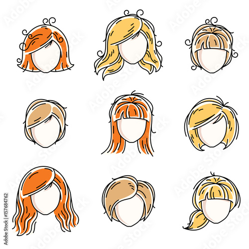 Collection of women faces, human heads. Diverse vector characters like red-haired and blonde females, beautiful ladies visage clipart and user profile.