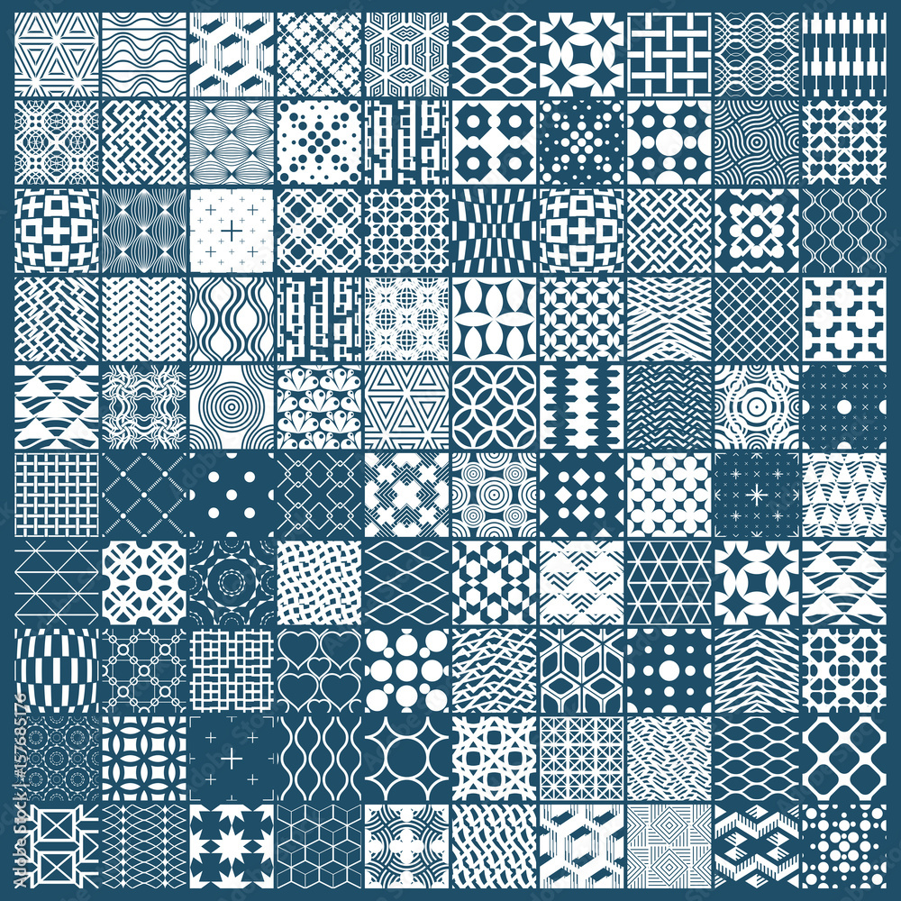 Vector ornamental black and white seamless backdrops set, 100 geometric patterns collection. Ornate textures made in modern simple style. Vector ornamental black and white seamless backdrops set, 100 geometric patterns collection. Ornate textures made in modern simple style.