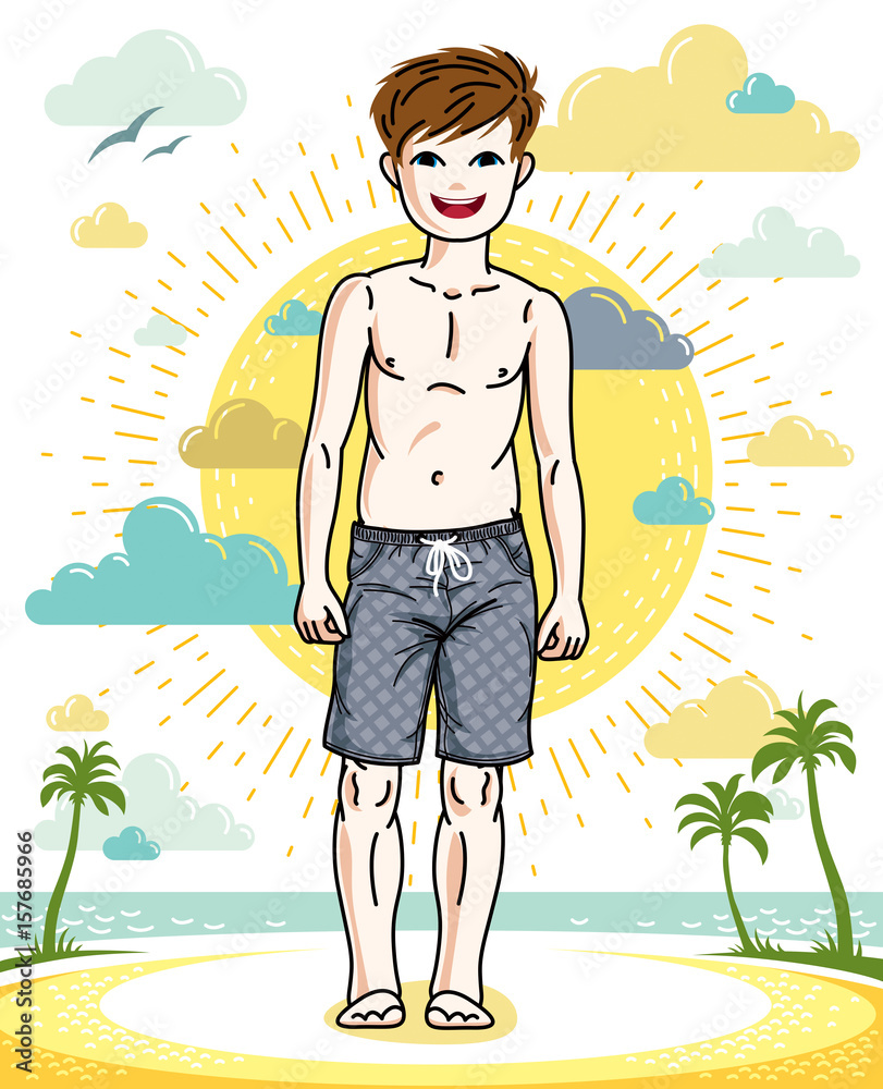 Young teen boy cute children standing wearing fashionable beach shorts. Vector character. Fashion theme clipart.