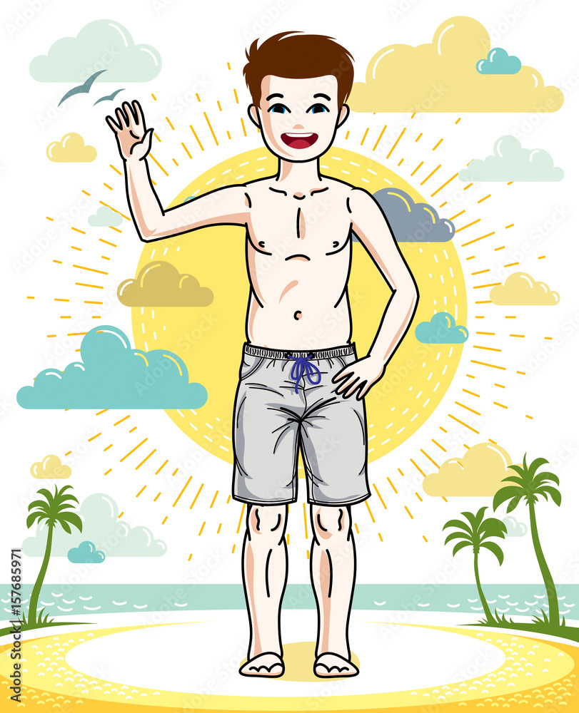 Teen cute little boy standing in colorful stylish beach shorts. Vector pretty nice human illustration. Childhood lifestyle cartoon.