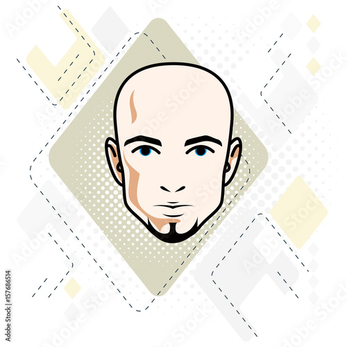 Caucasian man face, vector human head illustration. Attractive hairless male with beard, hipster