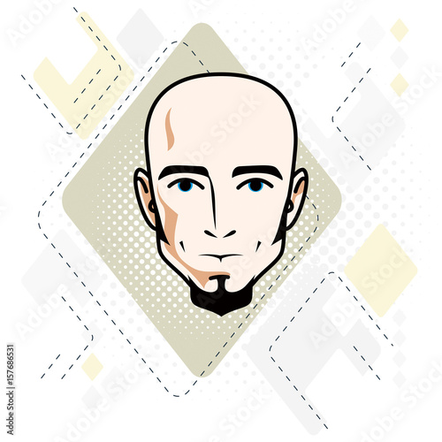 Caucasian man face, vector human head illustration. Attractive hairless male with beard, hipster