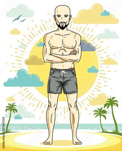 Handsome hairless young man with beard and mustaches standing on tropical beach in bright shorts. Vector athletic male illustration. Summer vacation lifestyle theme cartoon.