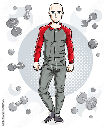 Handsome bald young man with beard poses on simple background with dumbbells and barbells. Vector illustration of sportsman. Work out and training theme.