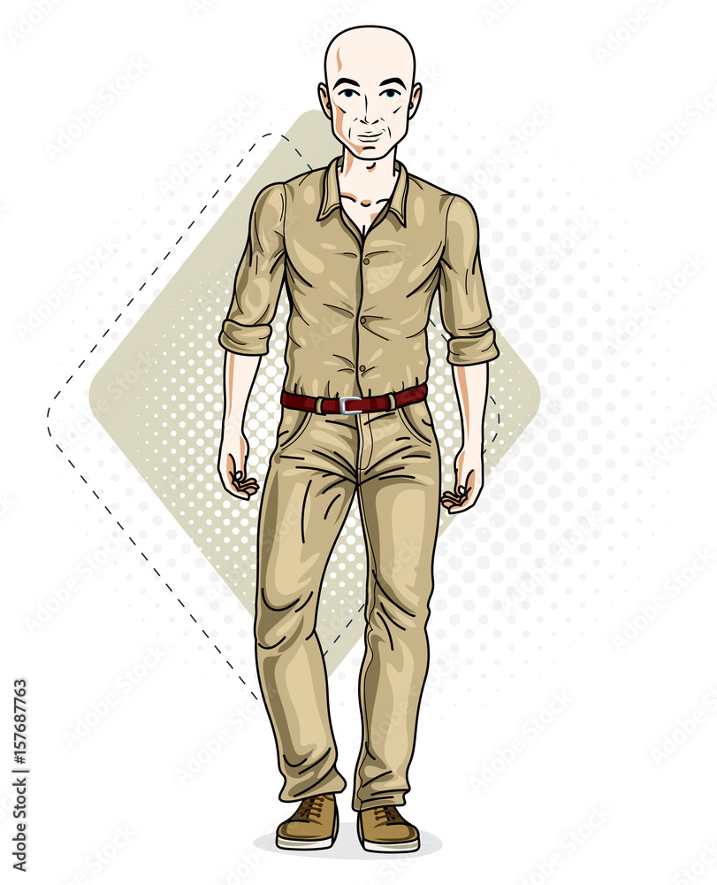 Happy bald young adult man standing. Vector character wearing casual clothes like jeans and cotton shirt. Happy bald young adult man standing. Vector character wearing casual clothes like jeans and cotton shirt.