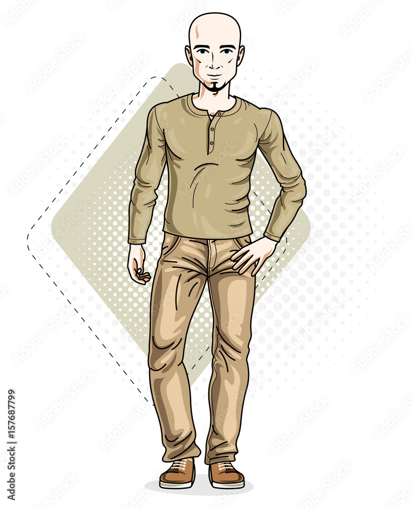 Handsome bald young man standing. Vector illustration of man with beard wearing stylish casual clothes.