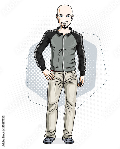Handsome hairless young man poses on modern background. Vector illustration of male with beard and mustaches. Lifestyle theme clipart.