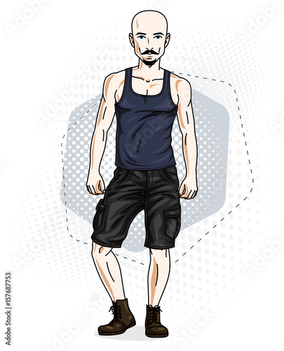 Confident athletic handsome hairless young man standing, hipster. Vector illustration of male with bead and whiskers wearing casual clothes, jeans shorts and singlet.