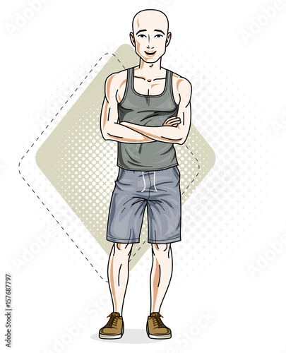 Handsome hairless young man poses on modern background. Vector illustration of male. Lifestyle theme clipart.