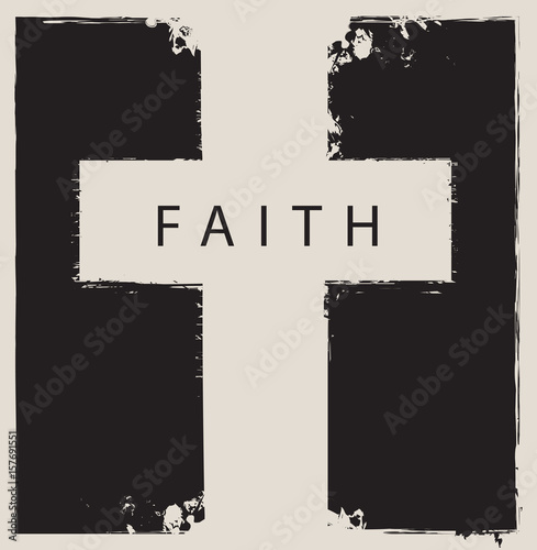 the sign of the cross scratched on abstract monochrome background with the word faith