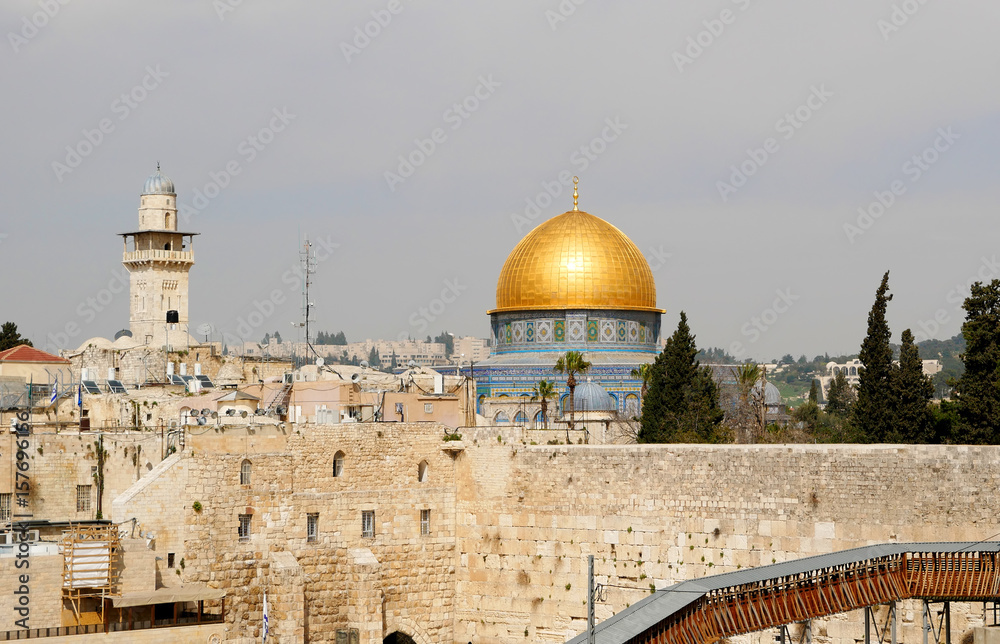 The Dome of the Rock and Western Wall in Jerusalem, City of three religions, Israel.