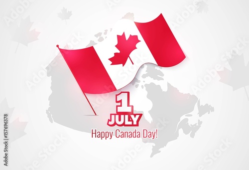 1st of July. Happy Canada Day greeting card. Celebration background with waving flag and map. Vector illustration