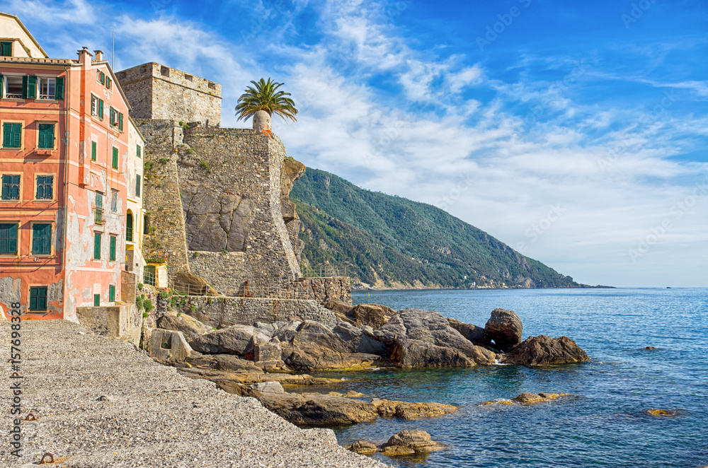 View of the Dragonara Castle in Camogli, Genoa (Genova) province, Liguria, Italy