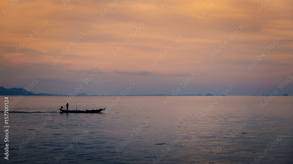 silhouette long tail boat at sunset,Koh Tao,Thailand