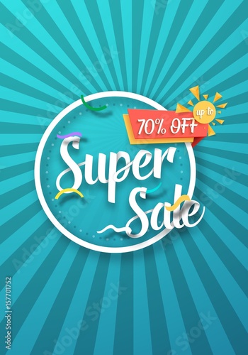 Illustration of Super Sale Vector Poster with Sunburs Lines on Background. Bright Sale Flyer Template photo