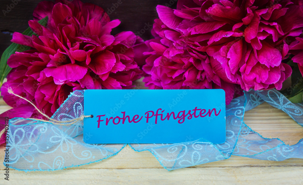 Frohe Pfingsten, Grußkarte mit Pfingstrosen Stock Photo Adobe Stock
