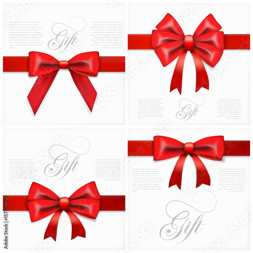 Set Of Realistic Gift Card With Red Bow And Ribbon Template