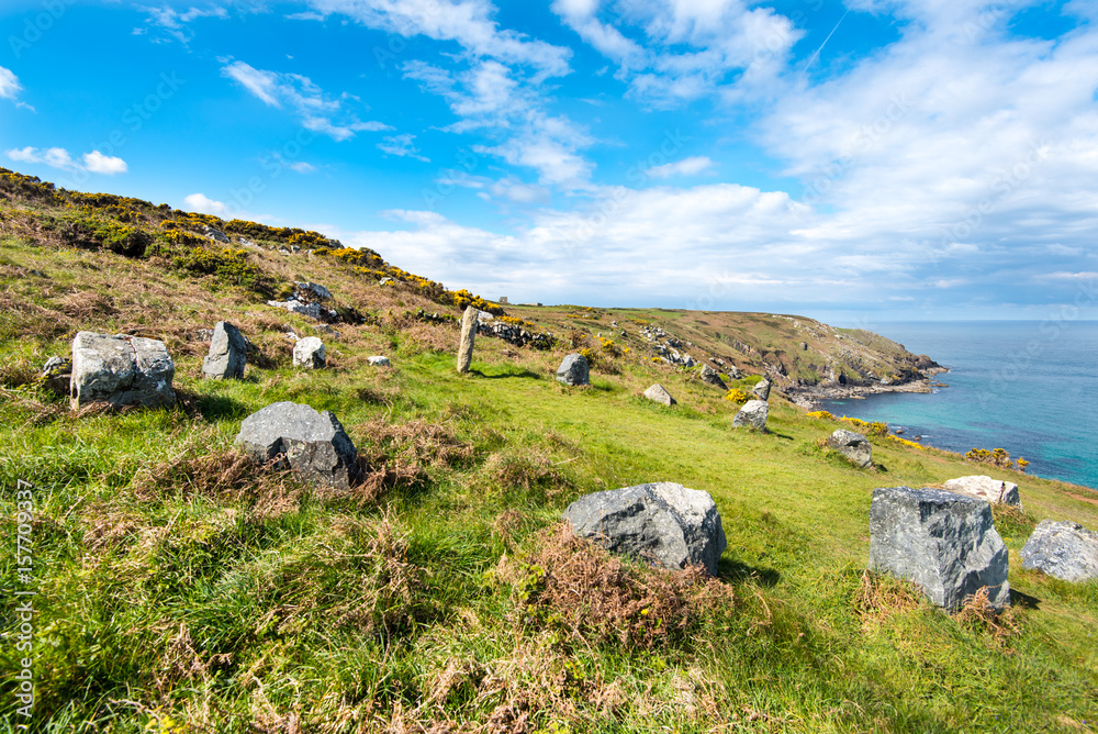 Trevalgan Stone Circle between St Ives and Zennor, Cornwall with Pen Enys Point beyond. The circle is also known as the Merry Harvesters.