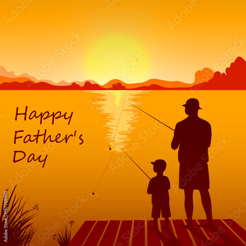 Dad and son fishing on the sunset together.