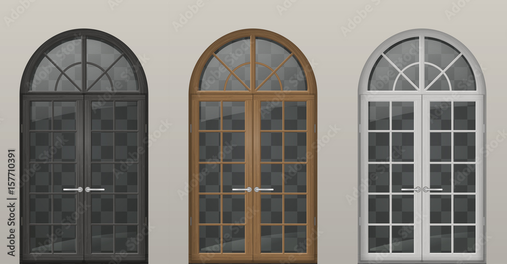 Fototapeta premium Set of classic arched wooden doors for a balcony. Doors of different colors. Vector graphics