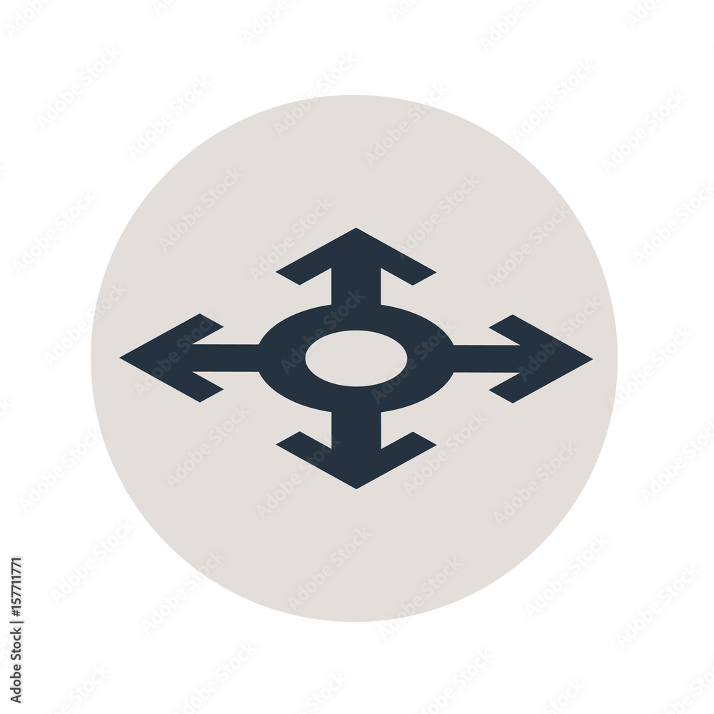 Icono plano cuatro flechas perspectiva en circulo gris