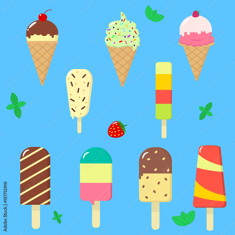 Collection of vector ice cream illustrations on a blue background.